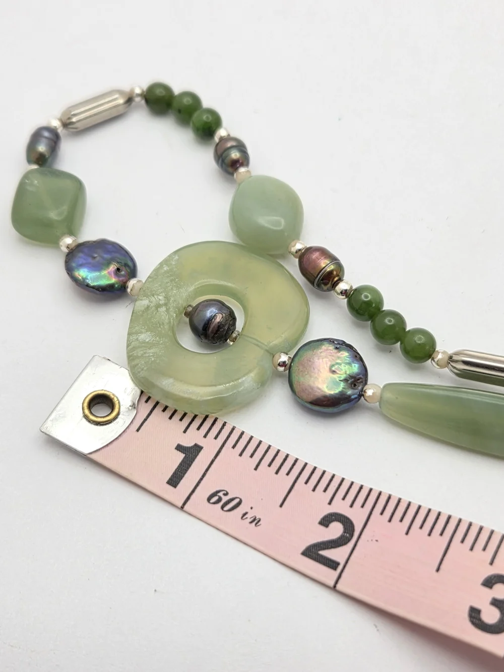 Green Jade & Peacock Cultured Freshwater Pearl Station Necklace 28
